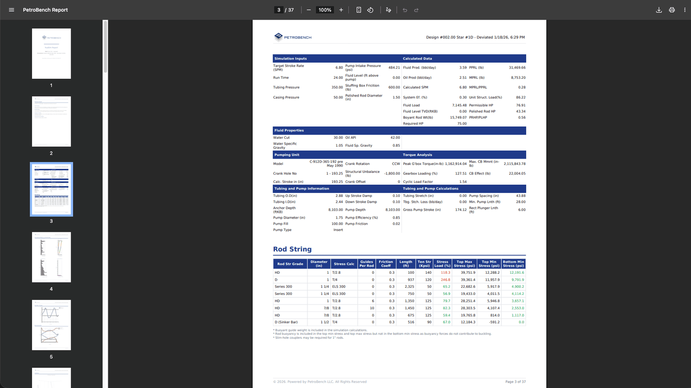 Calculated results summary page